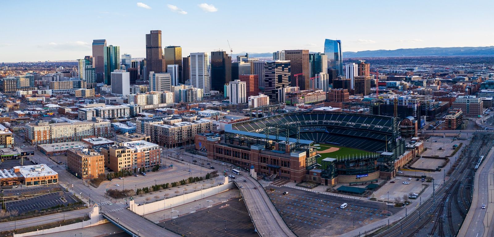 Downtown Denver seen from the north, with the Front Range on the horizon